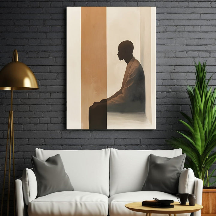 Wadi Home abstract wall art: silhouette of a person in profile against a neutral, striped background.