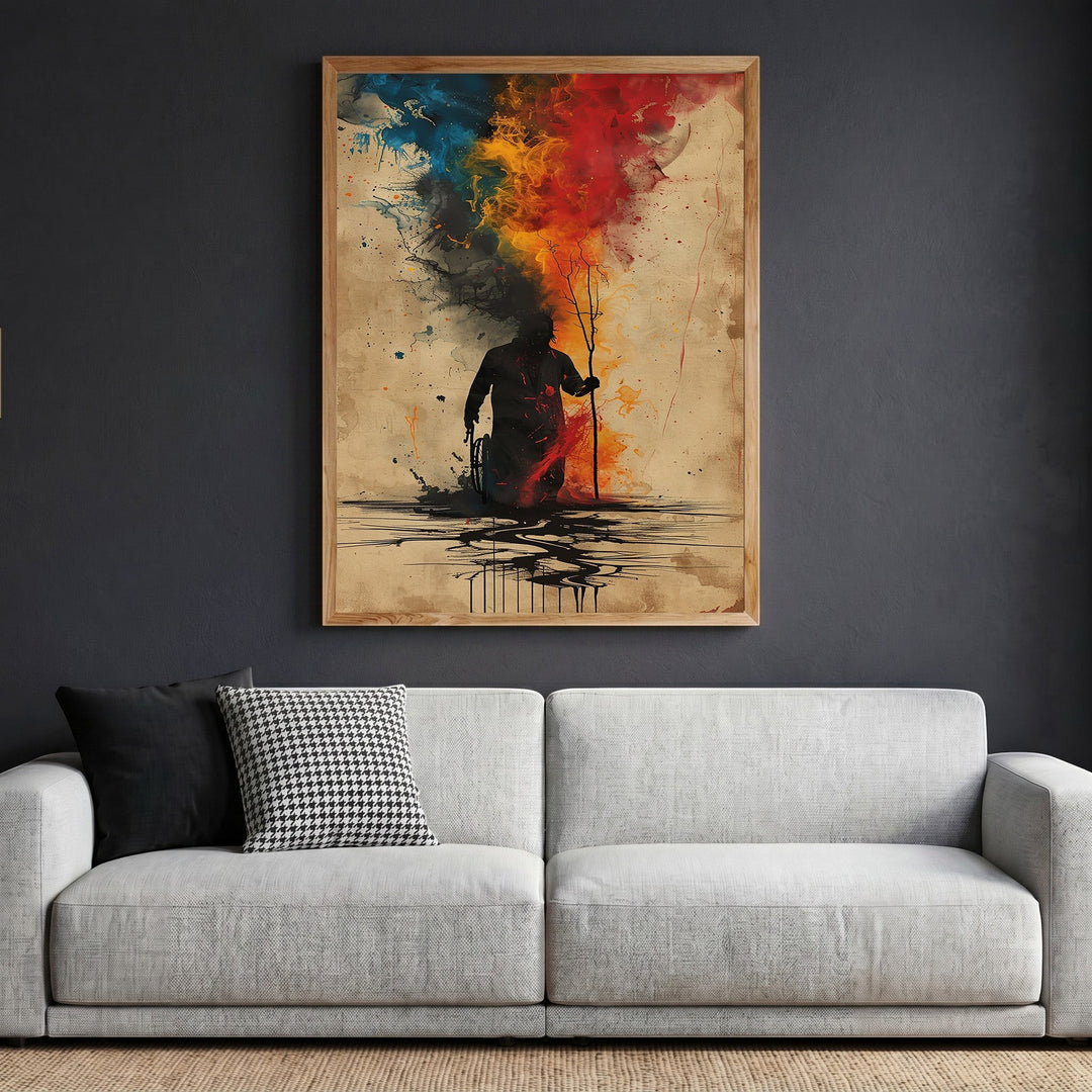 Wadi Home abstract silhouette wall art print with watercolor splashes in blue, red, and orange above a grey sofa.