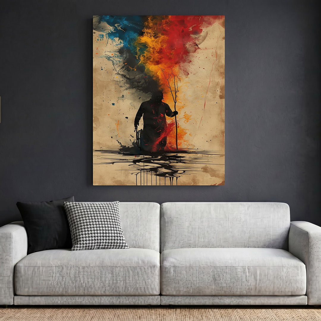 Wadi Home abstract silhouette wall art print featuring vibrant watercolor splashes in blue, red, and orange tones.