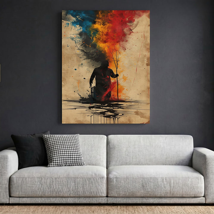 Wadi Home abstract silhouette wall art print featuring vibrant watercolor splashes in blue, red, and orange tones.
