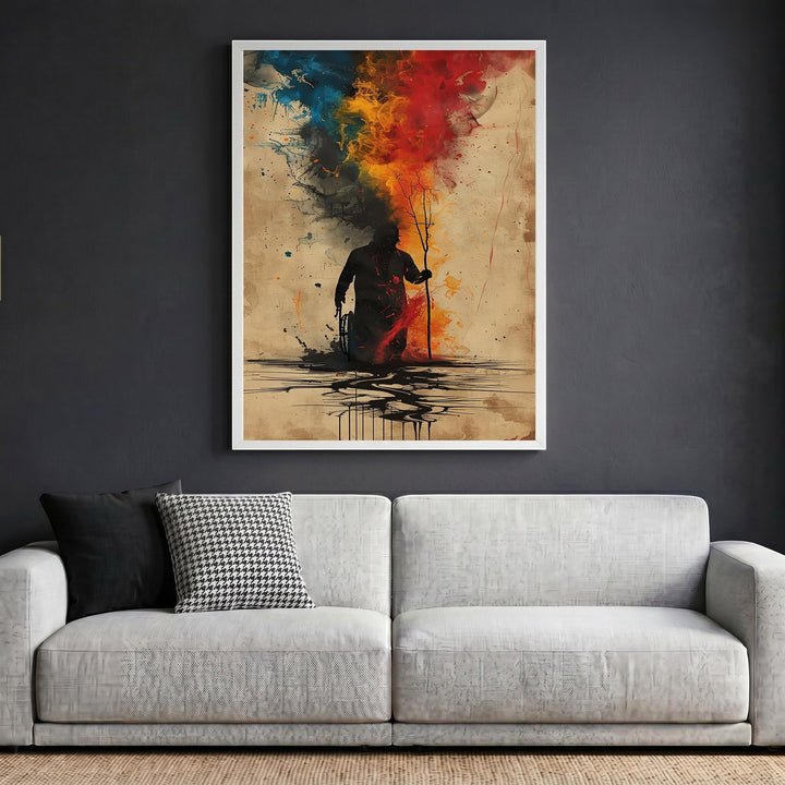 Wadi Home abstract silhouette wall art print with watercolor splashes in blue, red, and orange on a textured background
