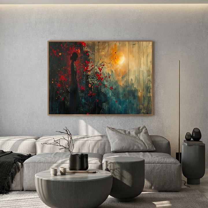 Wadi Home abstract silhouette wall art print featuring a woman, crimson flowers, and a sun orb in a modern living room