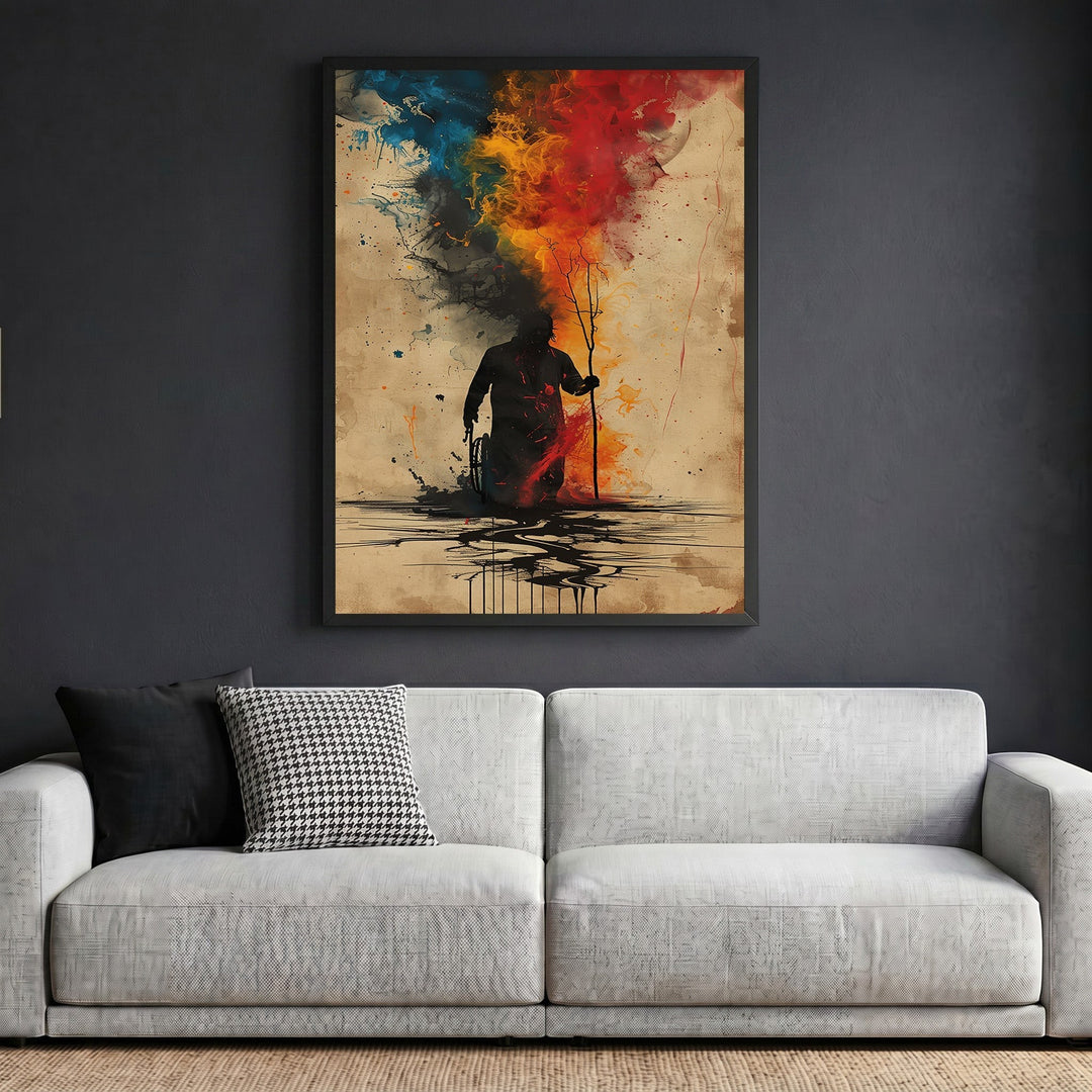 Wadi Home abstract silhouette wall art print featuring vibrant watercolor splashes in blue, red, and orange on a sofa.