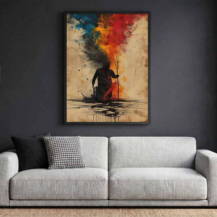 Wadi Home abstract silhouette wall art print featuring vibrant watercolor splashes in blue, red, and orange on a sofa.