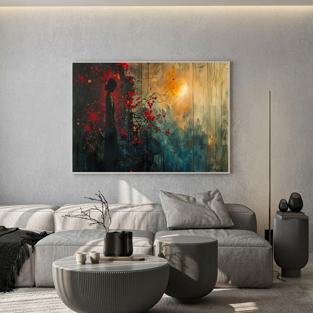 Wadi Home abstract silhouette wall art print featuring crimson florals and a sun-like orb in a modern living room.
