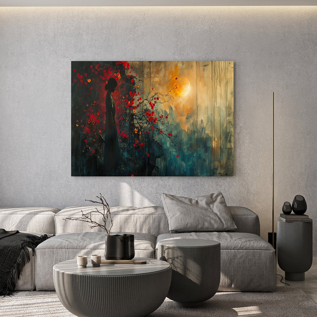 Wadi Home abstract silhouette wall art print featuring a woman, crimson flowers, and a sun orb in a modern living room.