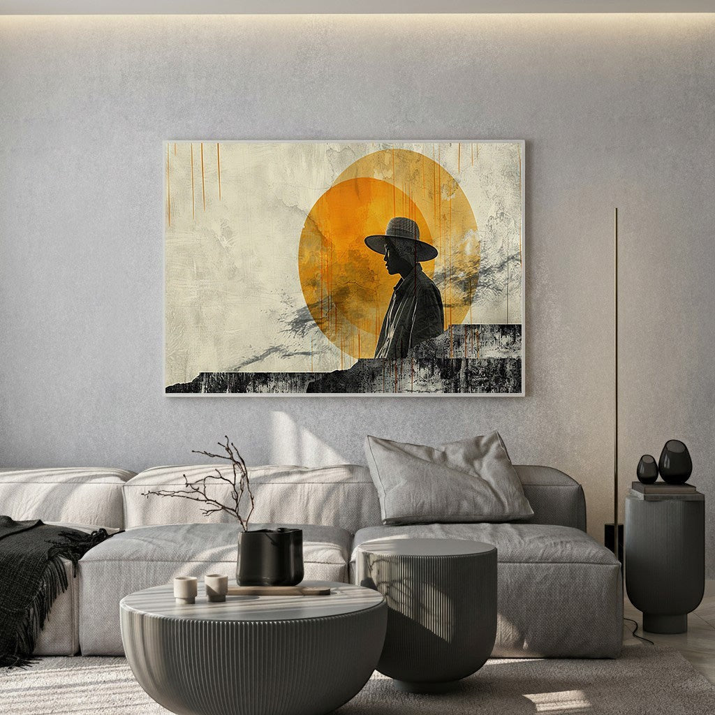 Wadi Home abstract silhouette wall art print featuring a person in a hat against a golden sun in a modern living room