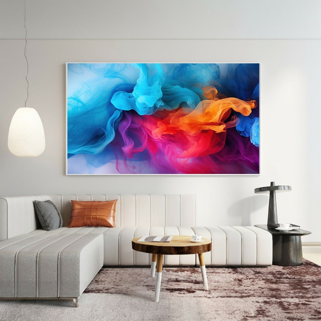 Wadi Home abstract smoke swirl wall art with vibrant electric blues, oranges, purples, and pinks.