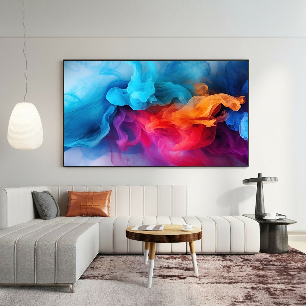 Wadi Home abstract smoke swirl wall art with vibrant electric blue, orange, and purple colors.