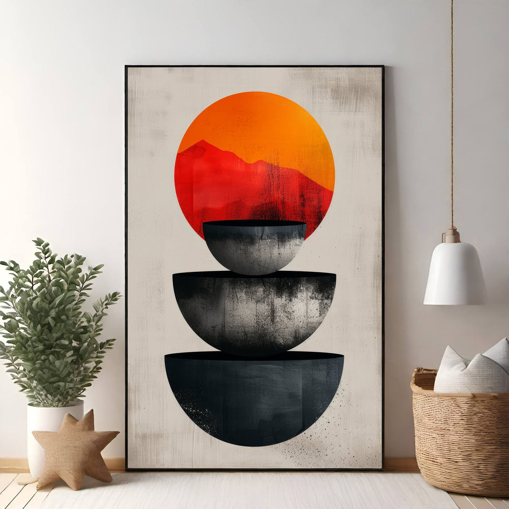 Wadi Home abstract art featuring a gradient sun over mountains and three stacked bowls in black and grey.