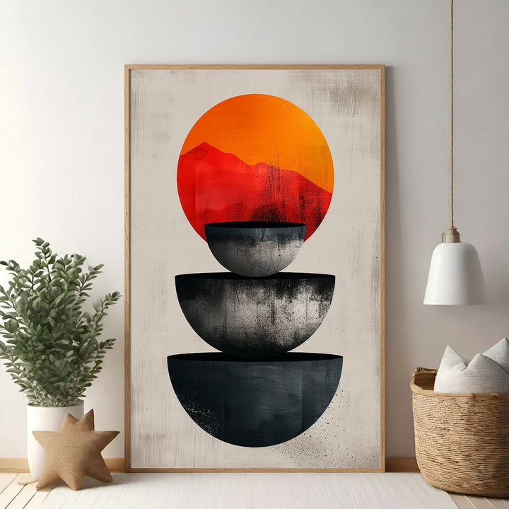 Wadi Home abstract art with stacked bowls, gradient sun, and mountain silhouette. Modern bohemian style.