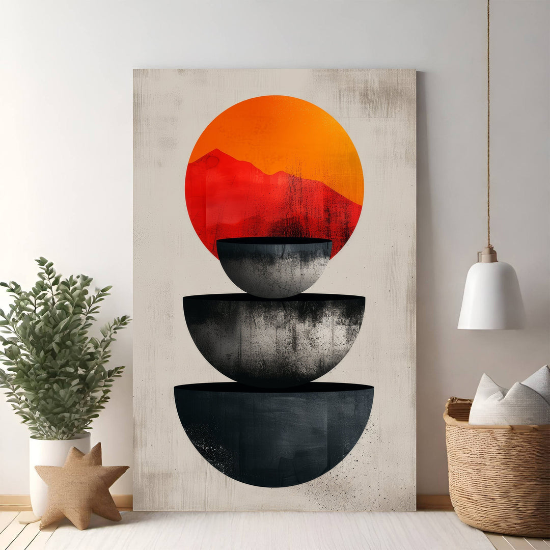 Wadi Home abstract art with stacked bowls, gradient sun, and mountain silhouette. Modern bohemian style.