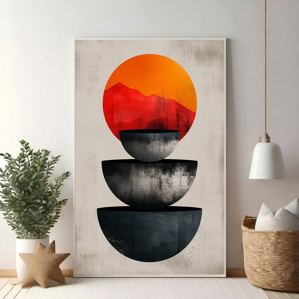 Wadi Home abstract art with stacked bowls, gradient sun, and mountain silhouette. Modern bohemian style.