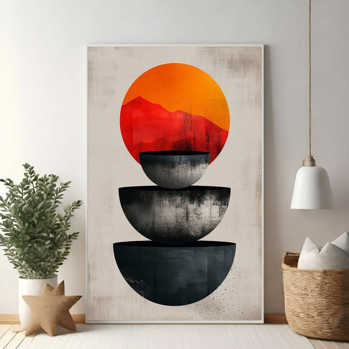 Wadi Home abstract art with stacked bowls, gradient sun, and mountain silhouette. Modern bohemian style.