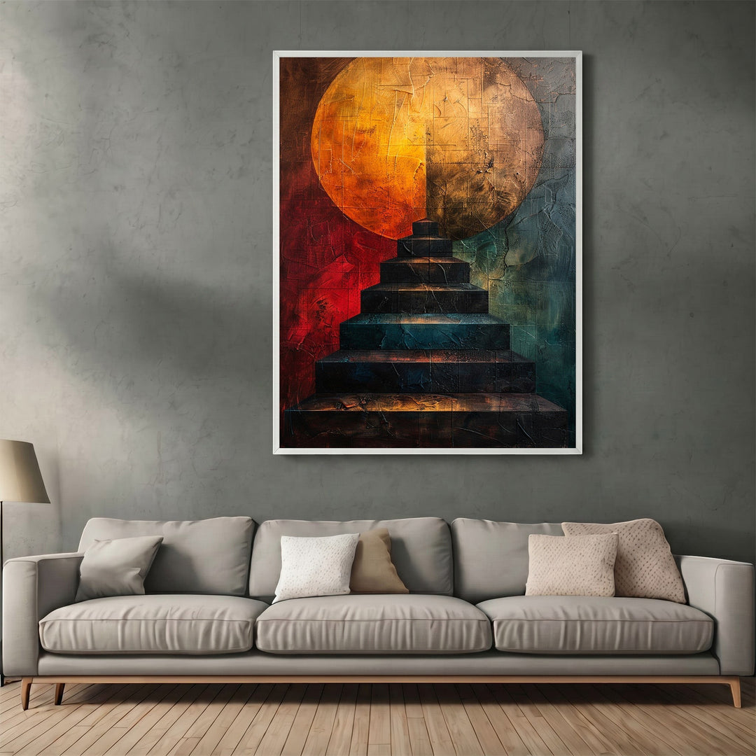 Wadi Home abstract staircase wall art print with a golden orb, featuring deep teal and burnt orange tones in a living room.