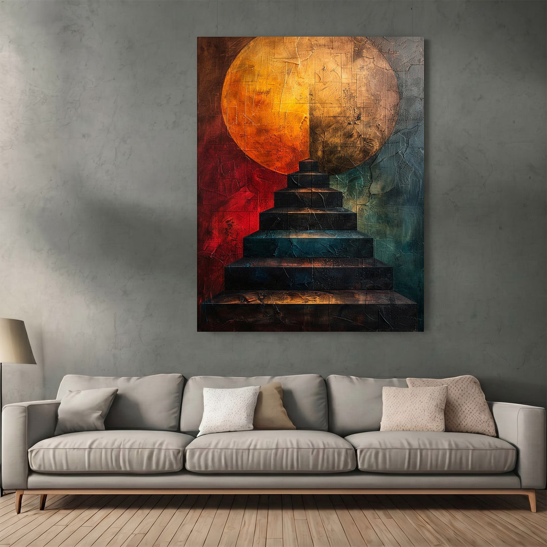 Wadi Home abstract staircase wall art print featuring a golden orb above geometric stairs in teal and burnt orange.