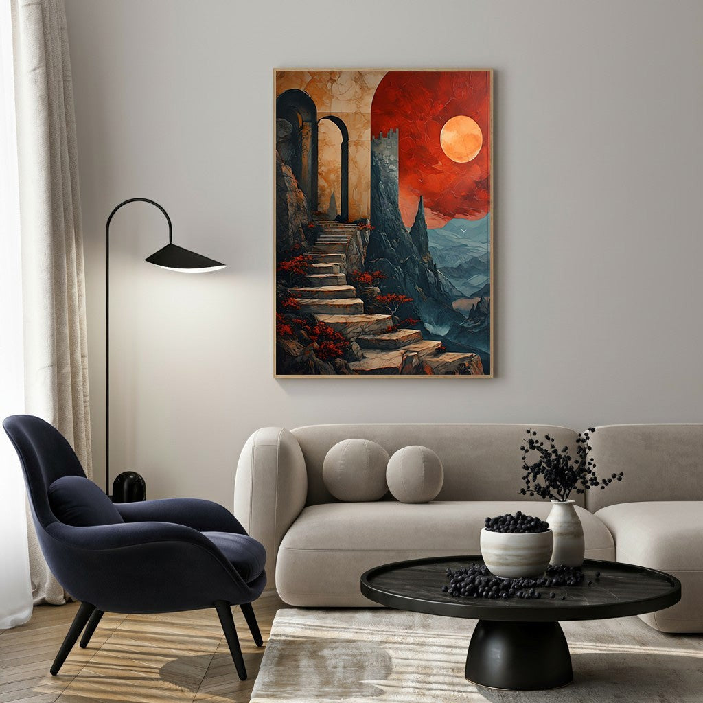 Wadi Home abstract wall art depicting stone stairs ascending to a vibrant orange sun, with mountains and ancient architecture.