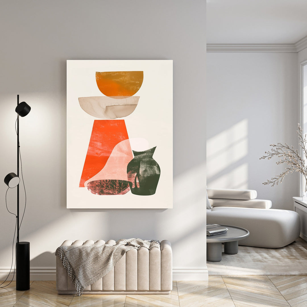 Wadi Home abstract still life art with burnt orange, green, and neutral shapes. Textured painterly effect.