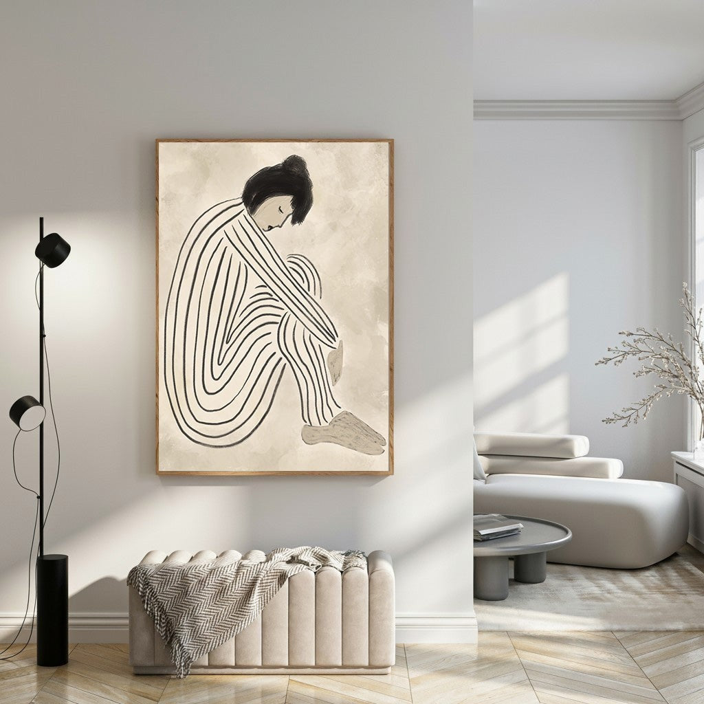 Wadi Home abstract wall art of a figure in black and white stripes against a textured neutral background.