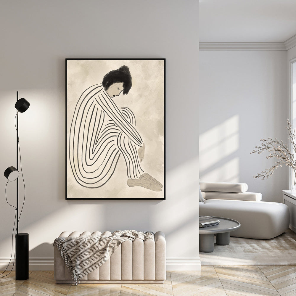 Wadi Home abstract wall art of a figure in black and white stripes against a textured neutral background.