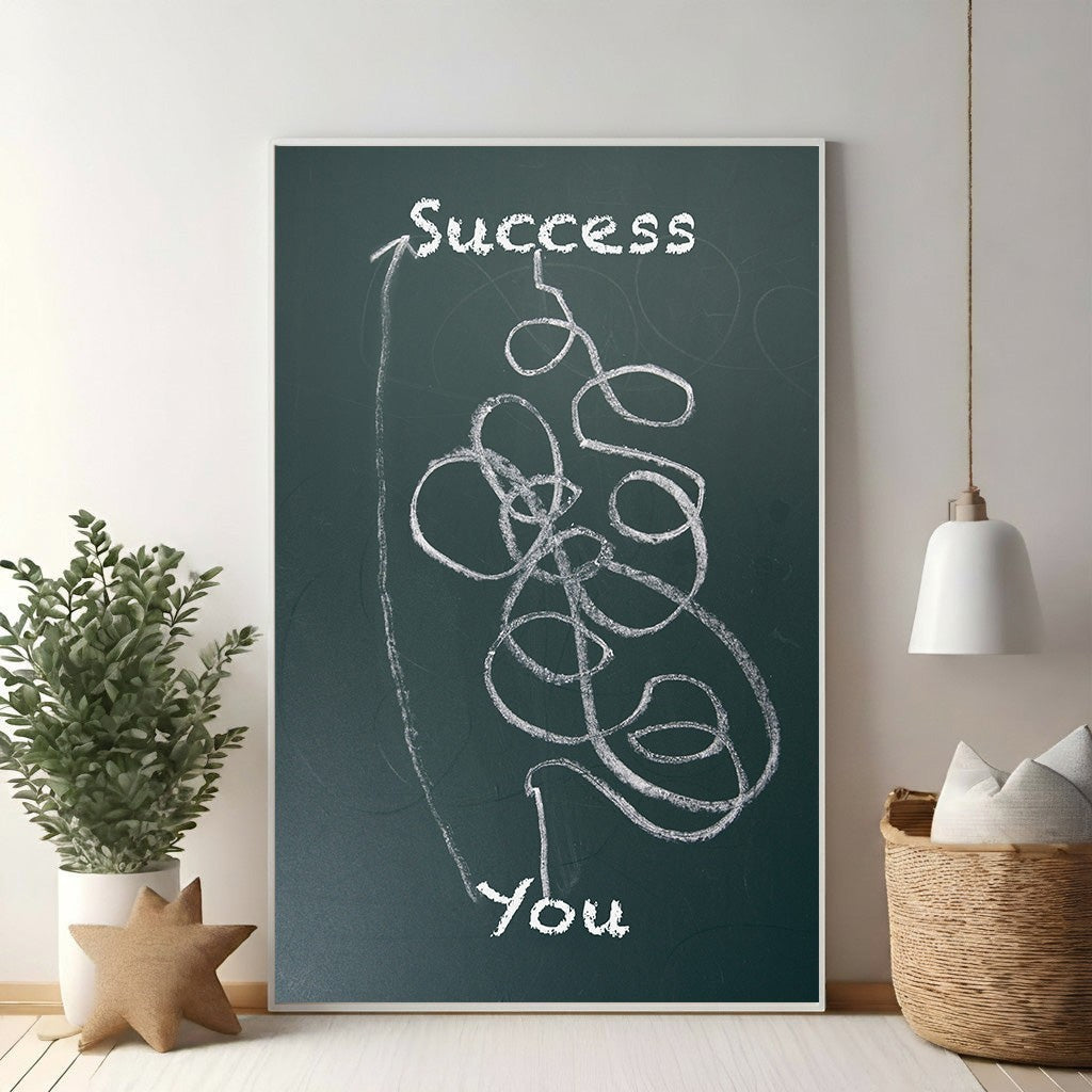 Wadi Home abstract art print with chalk-style design on dark background, showing a winding path from 'You' to 'Success'.