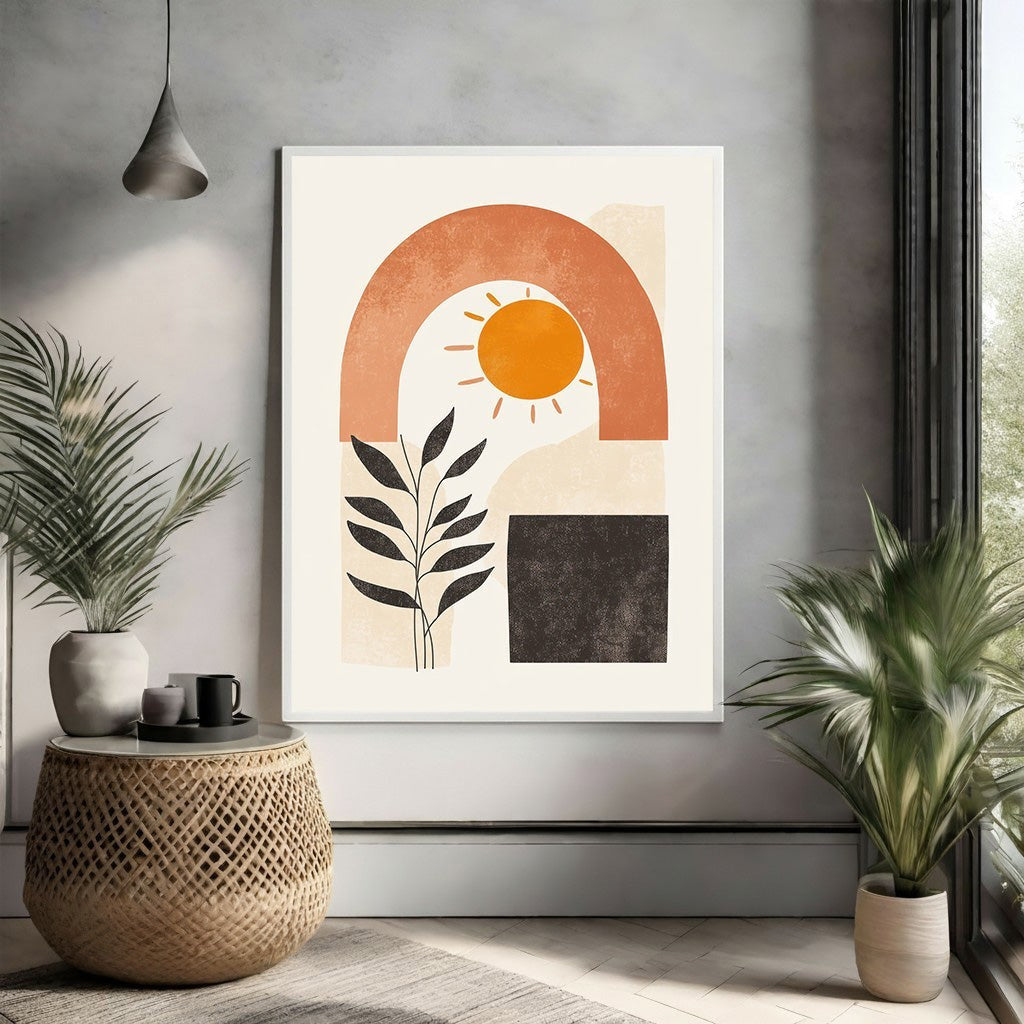Wadi Home Abstract Sun Arch Botanical Wall Art with orange arch, sun, and black plant on cream background.