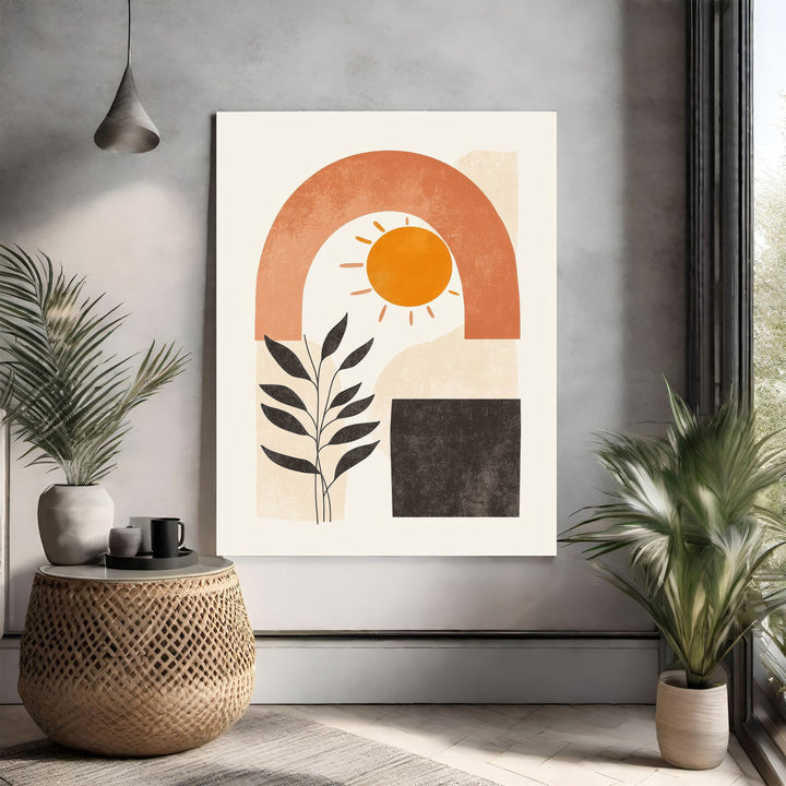 Wadi Home abstract wall art with orange arch, sun, botanical branch, and charcoal square on cream background.