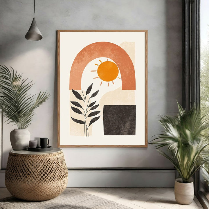 Wadi Home abstract sun arch botanical wall art print with orange arch, sun, plant, and charcoal square.