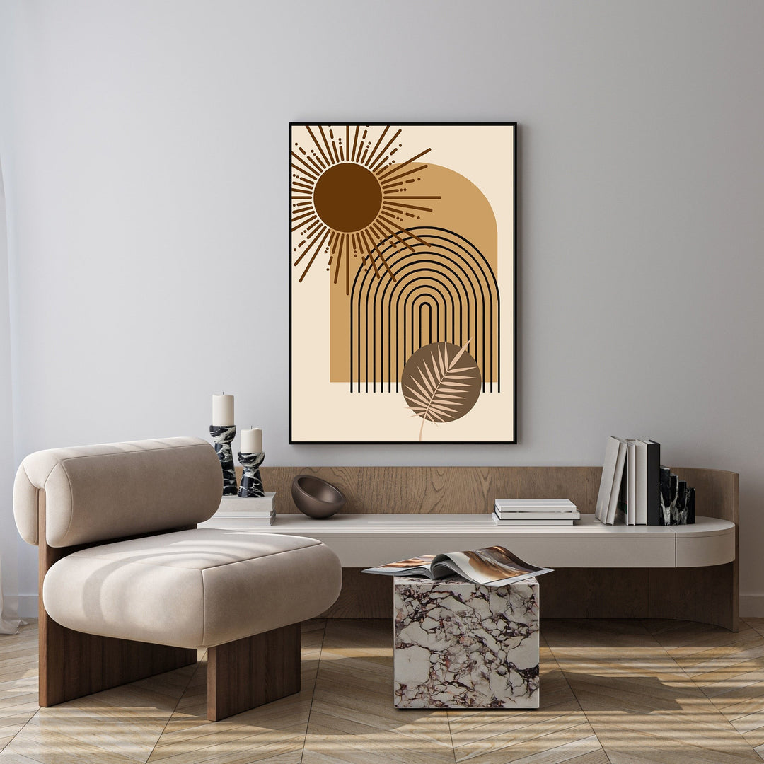 Wadi Home Abstract Sun and Arch Wall Art with warm earth tones and bohemian elegance. Features sunburst, layered arches, and leaf accent.