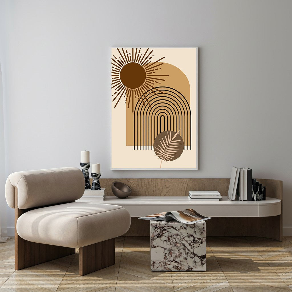 Wadi Home abstract sun and arch wall art with earth tones and leaf accent. Modern minimalist bohemian decor.