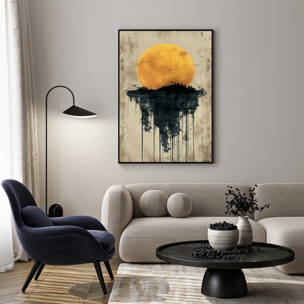 Wadi Home abstract sun and reflection wall art with yellow sun over dark landscape and dripping effect.