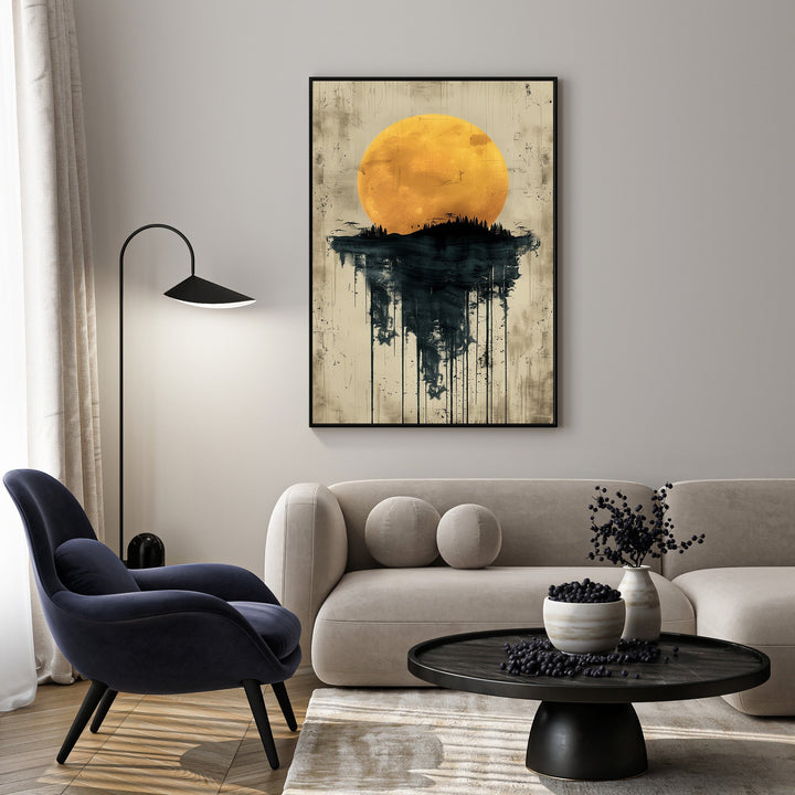 Wadi Home abstract sun and reflection wall art with yellow sun over dark landscape and dripping effect.