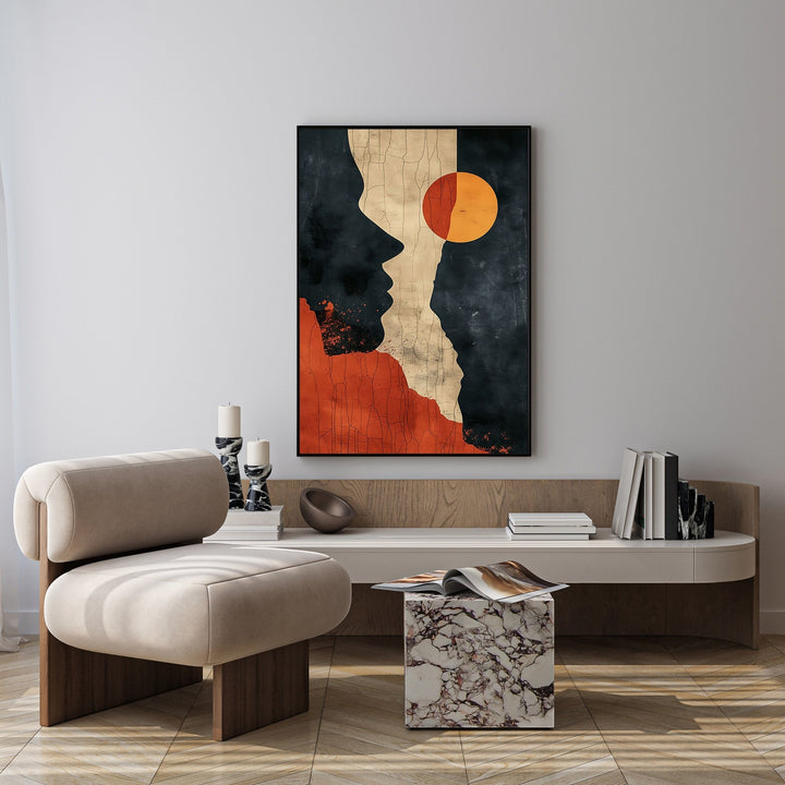 Wadi Home abstract profile sun wall art with terracotta, charcoal, and cream tones, featuring a minimalist silhouette and a vibrant sun motif.