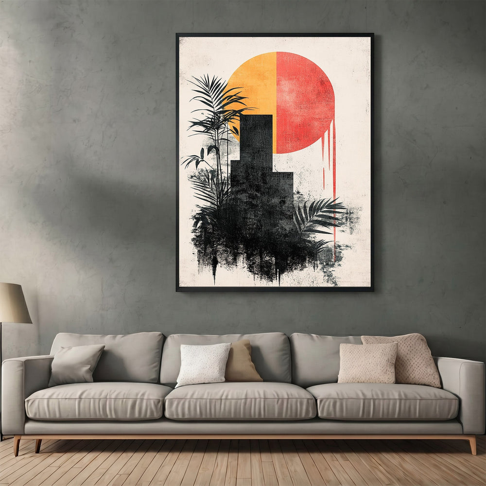 Wadi Home abstract geometric sun wall art print with yellow and red sun, black silhouettes, and palm leaves in a room.