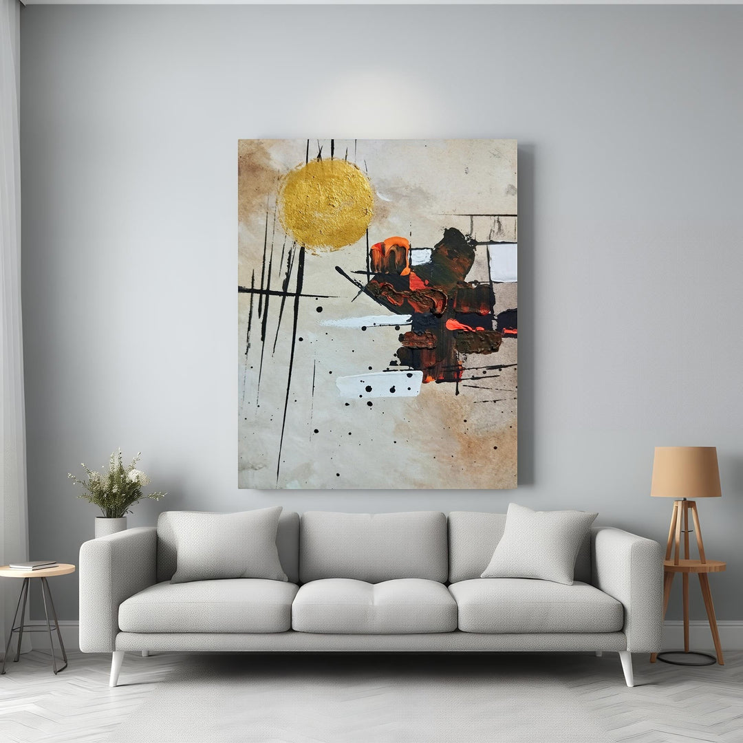 Wadi Home abstract expressionist wall art with golden sunburst, textured strokes in orange, black, and white on a neutral background.