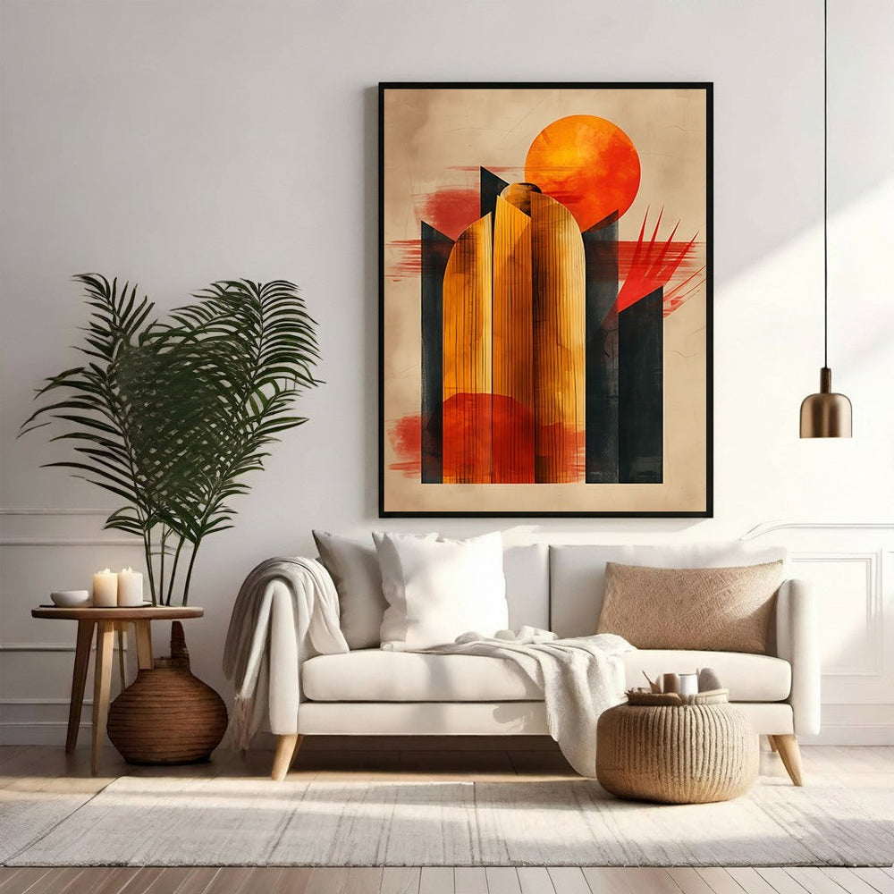 Wadi Home Abstract Sunset Archway Wall Art with orange sun, abstract archways, and black geometric shapes.