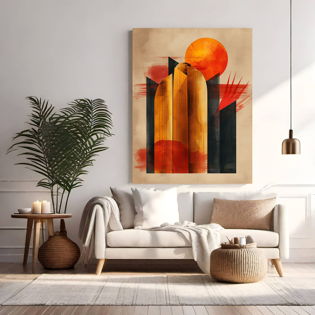 Wadi Home Abstract Sunset Archway Wall Art with orange sun, abstract archways, and black accents on a beige background.