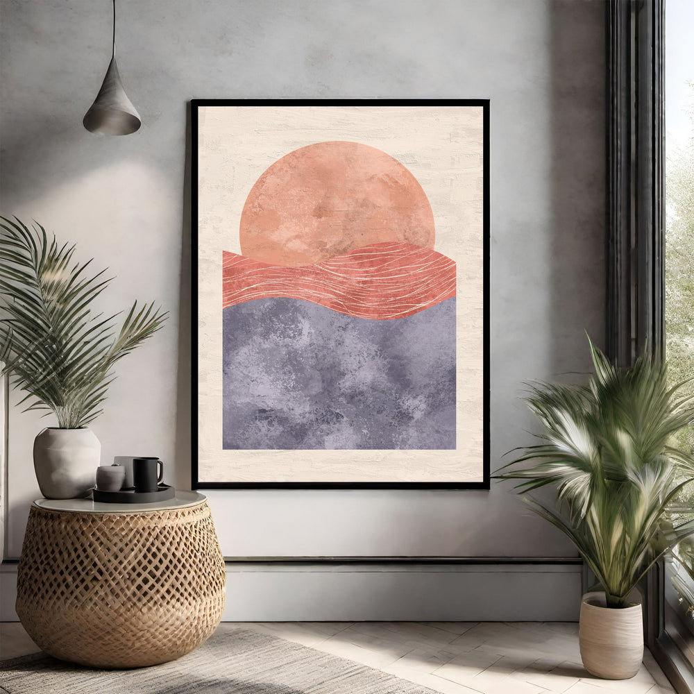 Wadi Home abstract wall art with peach sun over coral waves and muted blue sea. Minimalist, textured design.