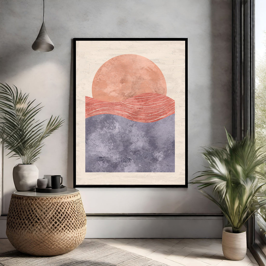 Wadi Home abstract wall art with peach sun over coral waves and muted blue sea. Minimalist, textured design.