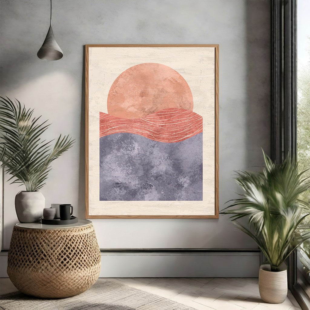 Wadi Home abstract wall art featuring a peachy sun over coral waves and muted blue sea.