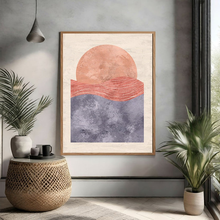 Wadi Home abstract wall art featuring a peachy sun over coral waves and muted blue sea.