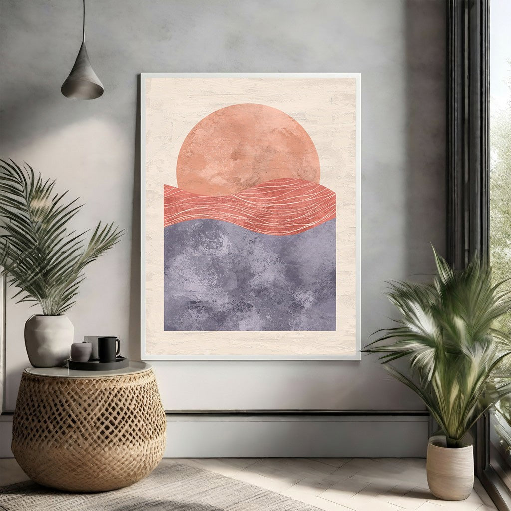 Wadi Home abstract wall art featuring a peachy sun over textured coral waves and muted blue sea.