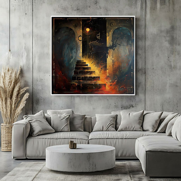 Wadi Home abstract surrealist canvas print featuring a cosmic staircase and glowing orange accents in a modern living room