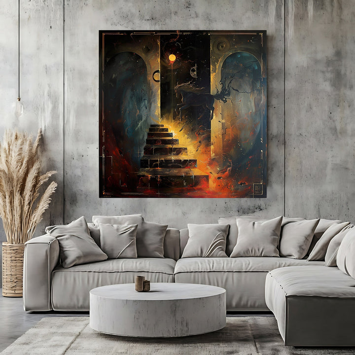 Wadi Home abstract surrealist canvas print featuring a cosmic staircase and ethereal horse above a modern grey sofa.