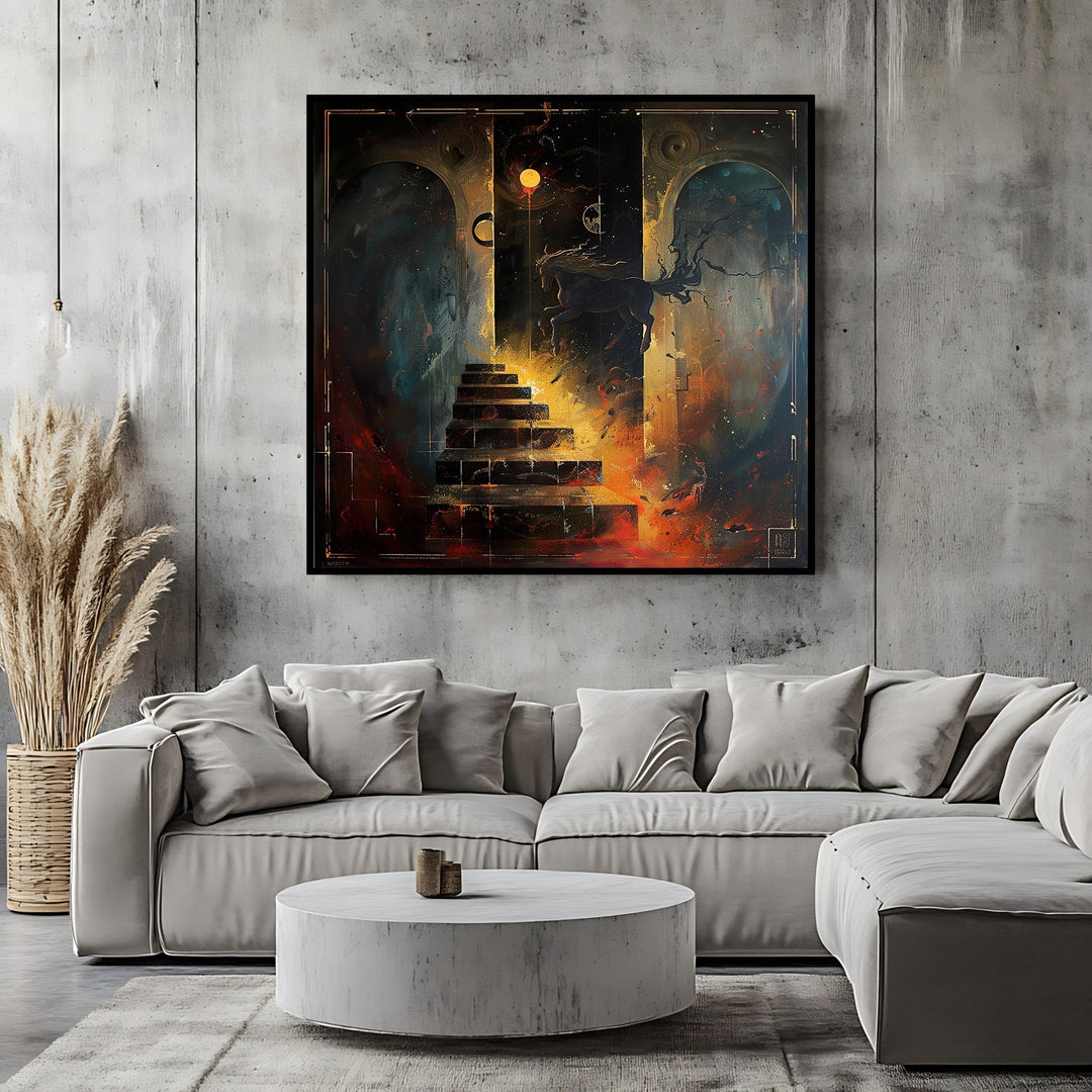 Wadi Home abstract surrealist canvas print featuring a cosmic staircase and horse above a modern grey sectional sofa.