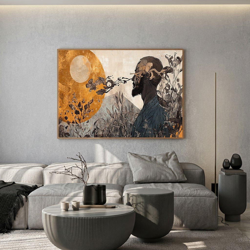 Wadi Home abstract surrealist wall art print featuring a contemplative figure with gold accents in a modern living room