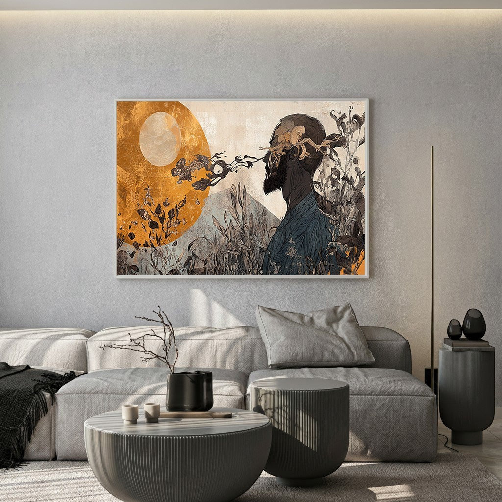 Wadi Home abstract surrealist wall art print featuring a contemplative figure with gold accents in a modern living room