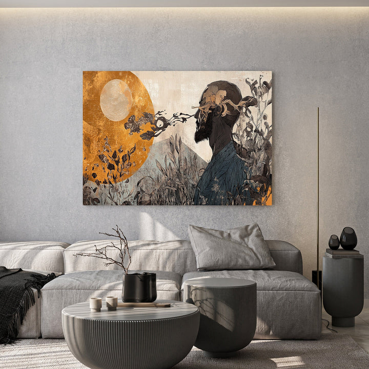 Wadi Home abstract surrealist wall art print featuring a contemplative figure in an ethereal landscape with gold accents