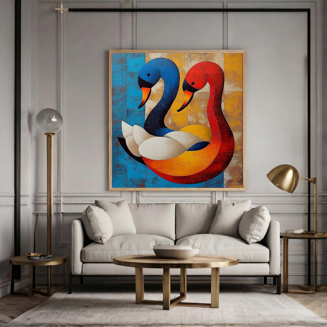 Wadi Home abstract swan duo canvas painting with blue, red, and gold geometric shapes hanging above a modern sofa.