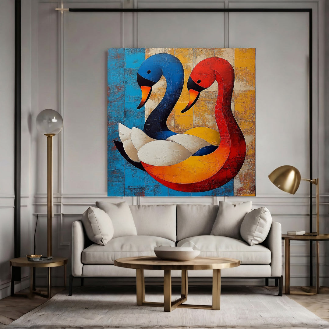 Wadi Home abstract swan duo canvas painting with blue, red, and yellow geometric shapes in a modern living room.